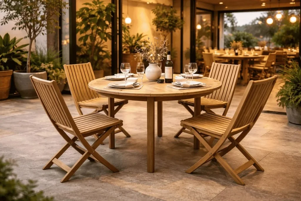 Set Teak Garden Furniture Meja Bundar dan Kursi Lipat Kayu Jati Jagad Kayu