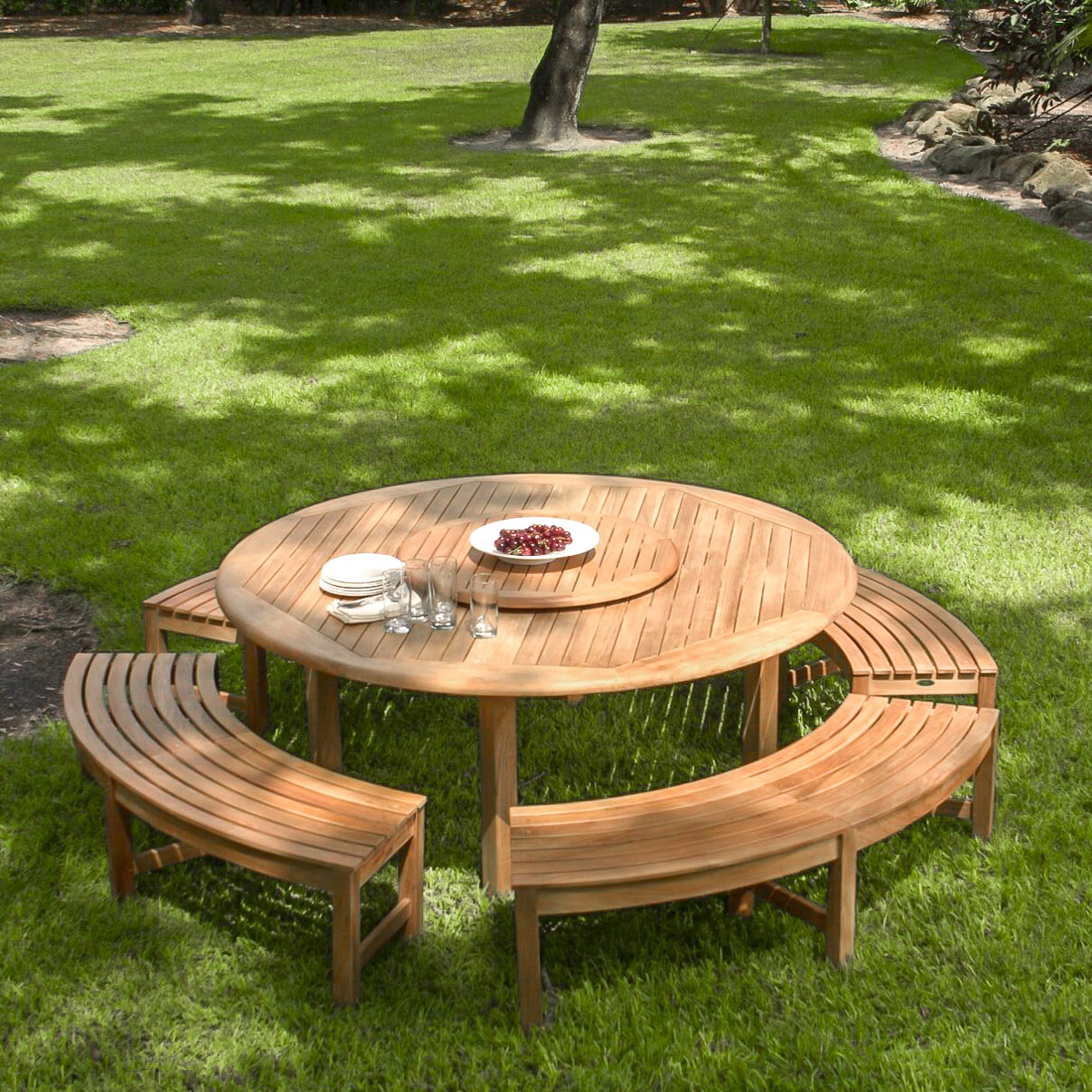 Bulet Circular Outdoor Teak Dining Bench Set Jagad Kayu
